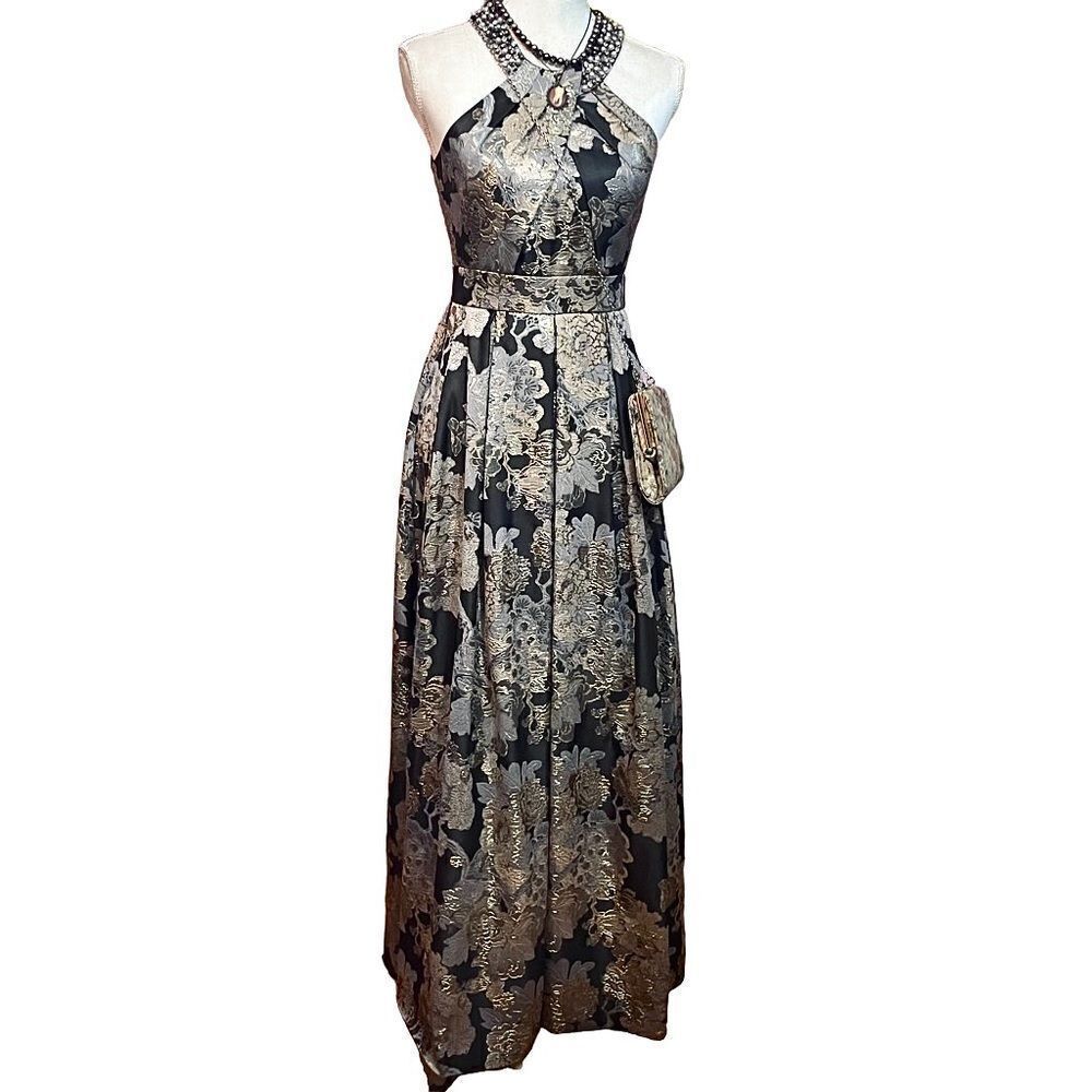 ElizaĀ J Embellished Metallic Brown Multi FloralāJacquardāBallgown